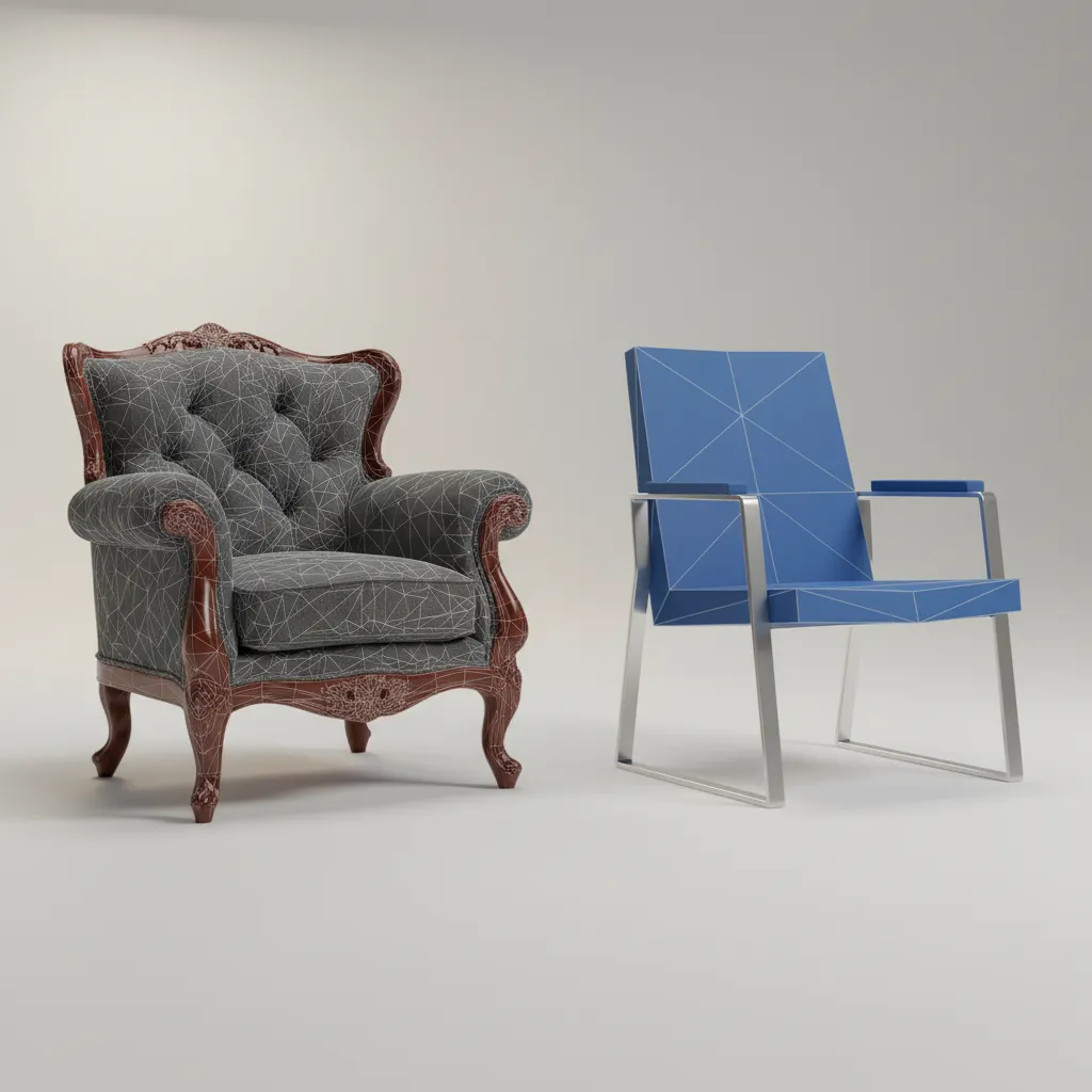 Comparison of high poly and optimized low poly conference chairs for 3D scenes