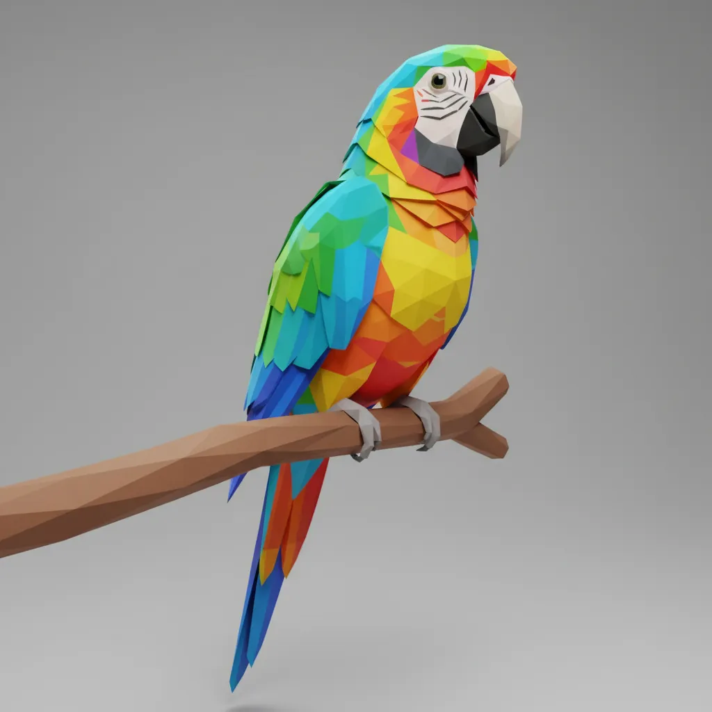 Stylized low poly parrot model with simple geometry and bright colors