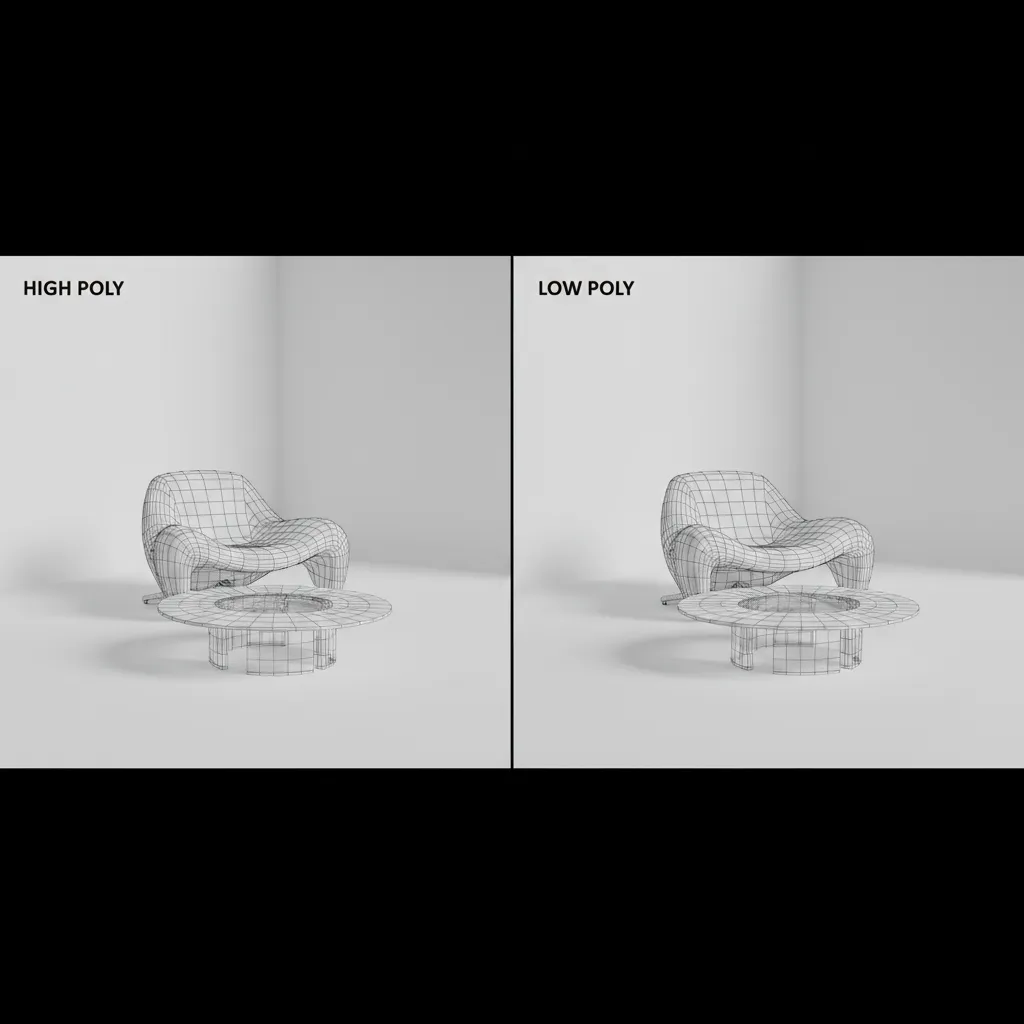 Comparison of high polygon and optimized low polygon architectural furniture models