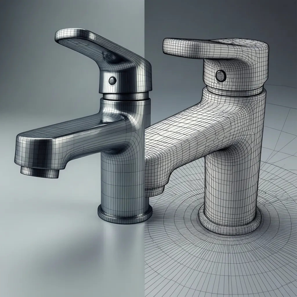 Side by side comparison of a smooth sink tap versus a wireframe mesh 3D model