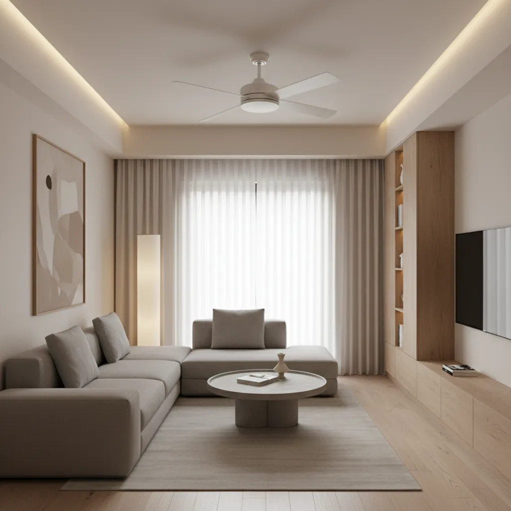 low profile ceiling fan installed in a small apartment room