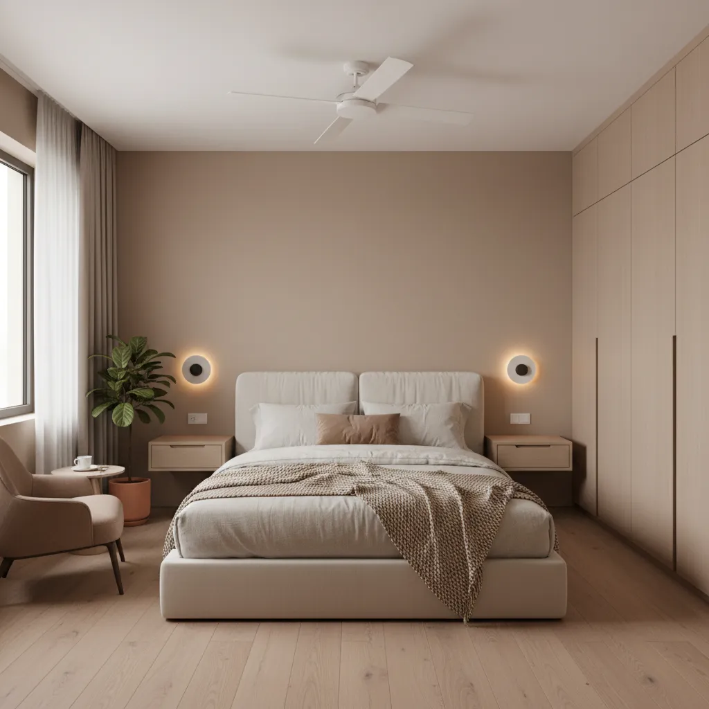 low profile flush mount ceiling fan in small modern bedroom
