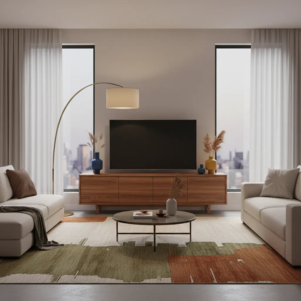 Low profile mid century dresser used as TV stand in modern living room