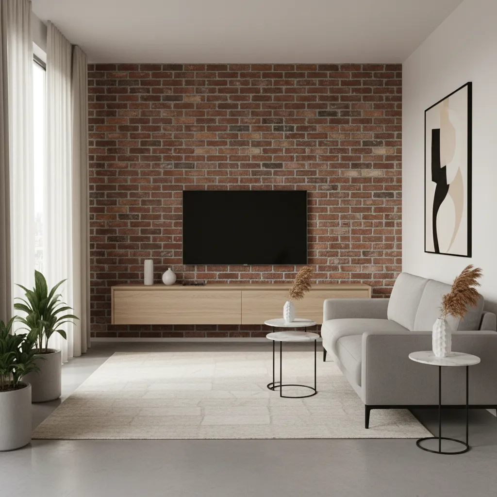 Low profile modern furniture placed against exposed brick wall in small living room