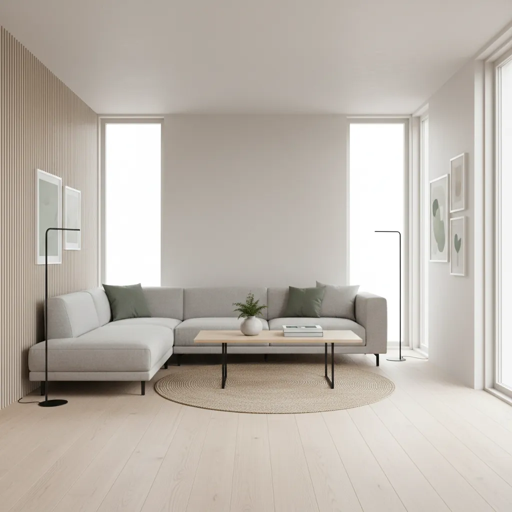 Low profile sofa and minimalist furniture creating more visible wall height