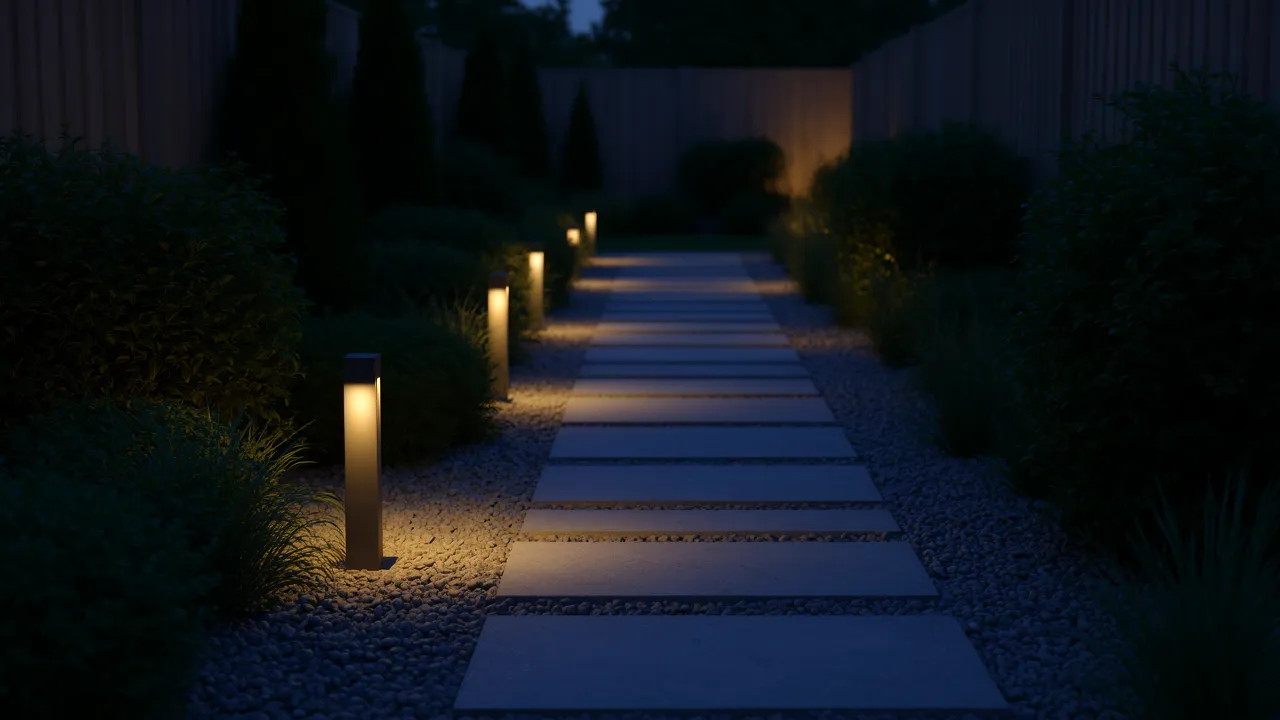low profile path lights installed along a narrow garden walkway