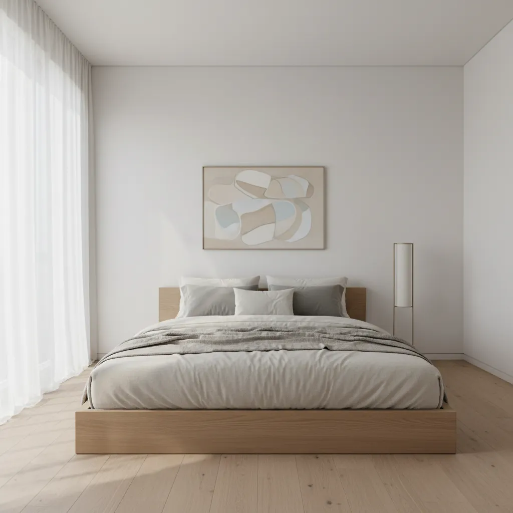 Low profile queen bed frame in a minimalist small bedroom design
