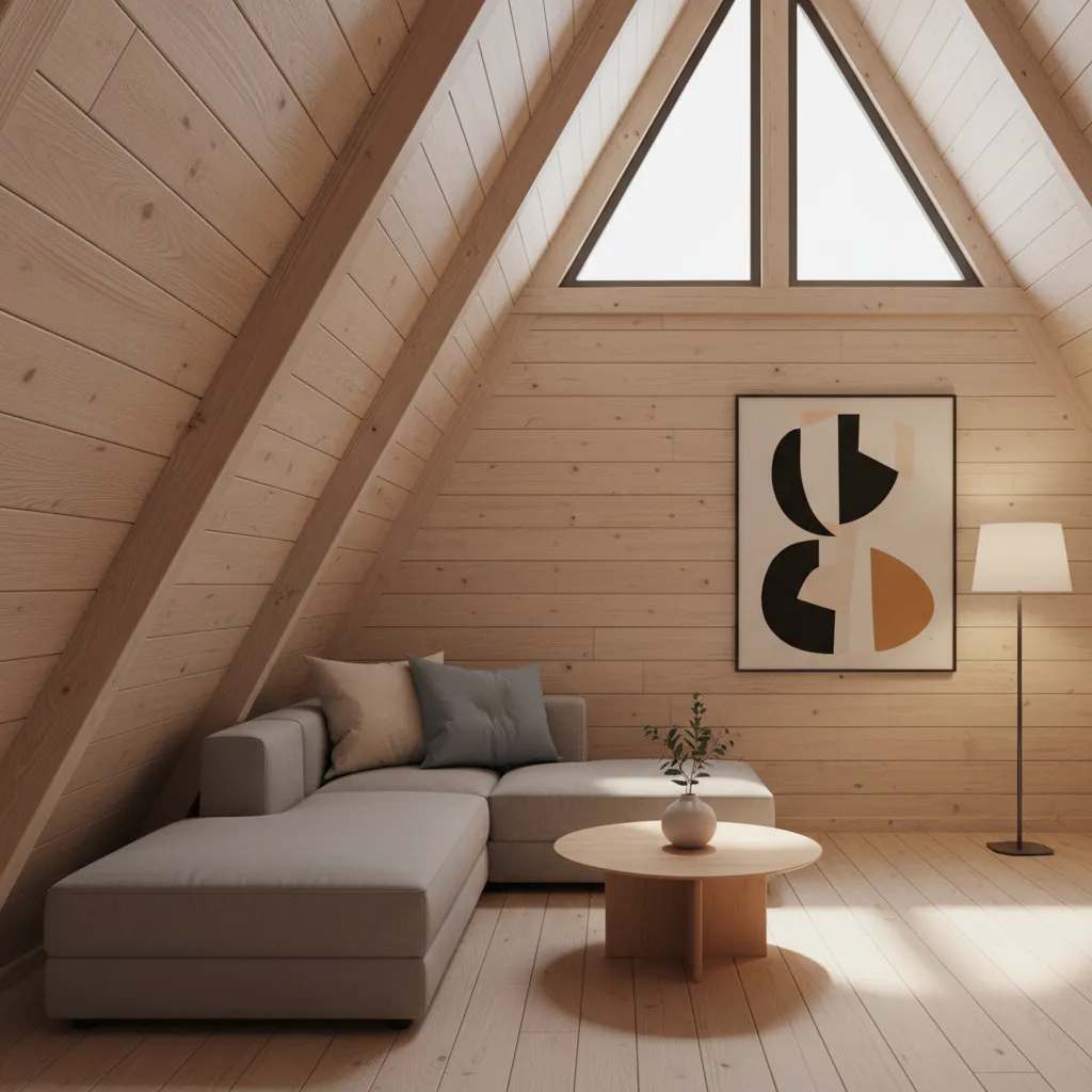 Low-profile sofa placed beneath a sloped A-frame ceiling