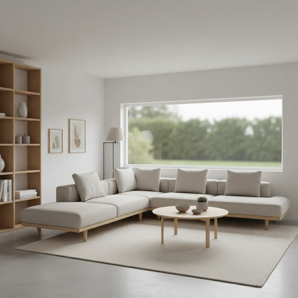 Low profile sofa with exposed legs in a compact living room