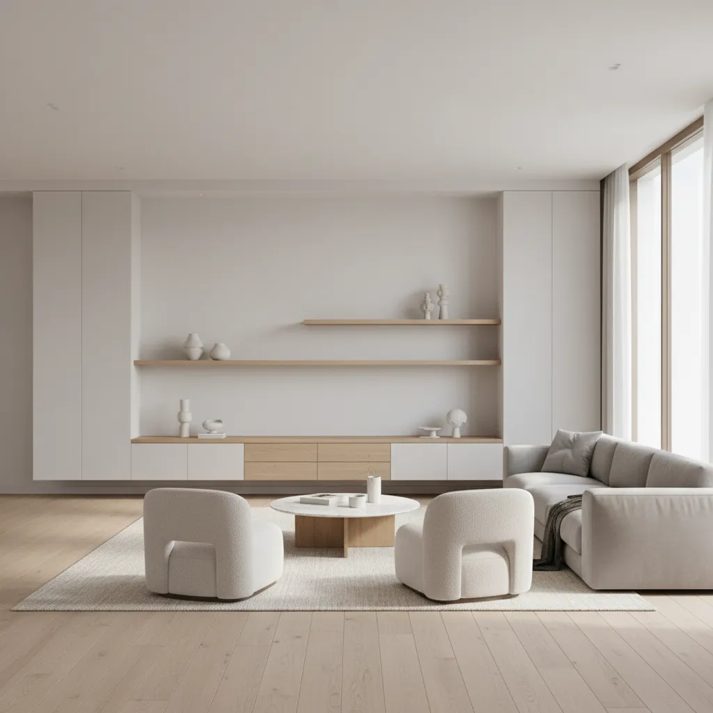 Living room with low console storage and open shelving
