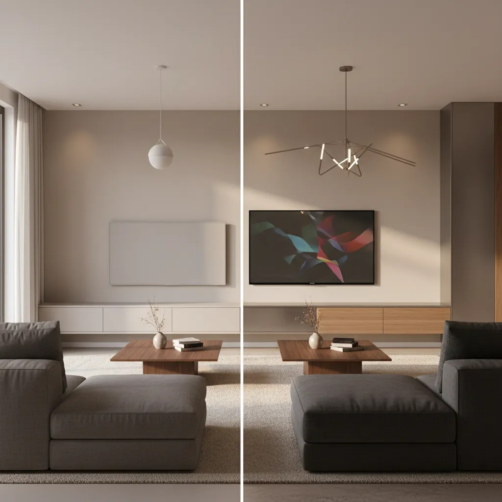 Comparison between low quality render and realistic architectural visualization