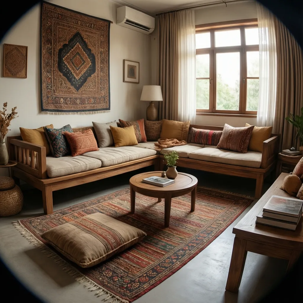 Indian living room with low seating sofa and colorful cushions