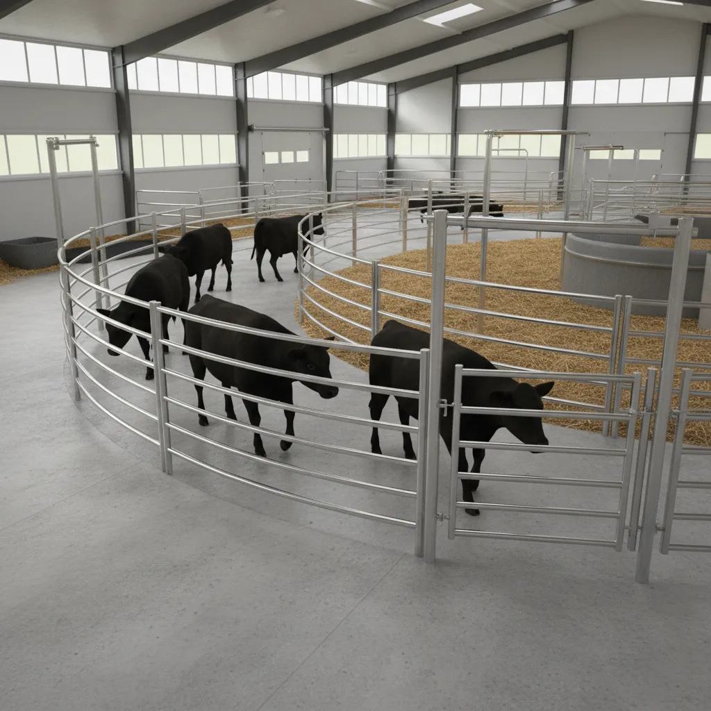 Interior design drawing of large barn with black cows walking through curved metal fence lanes