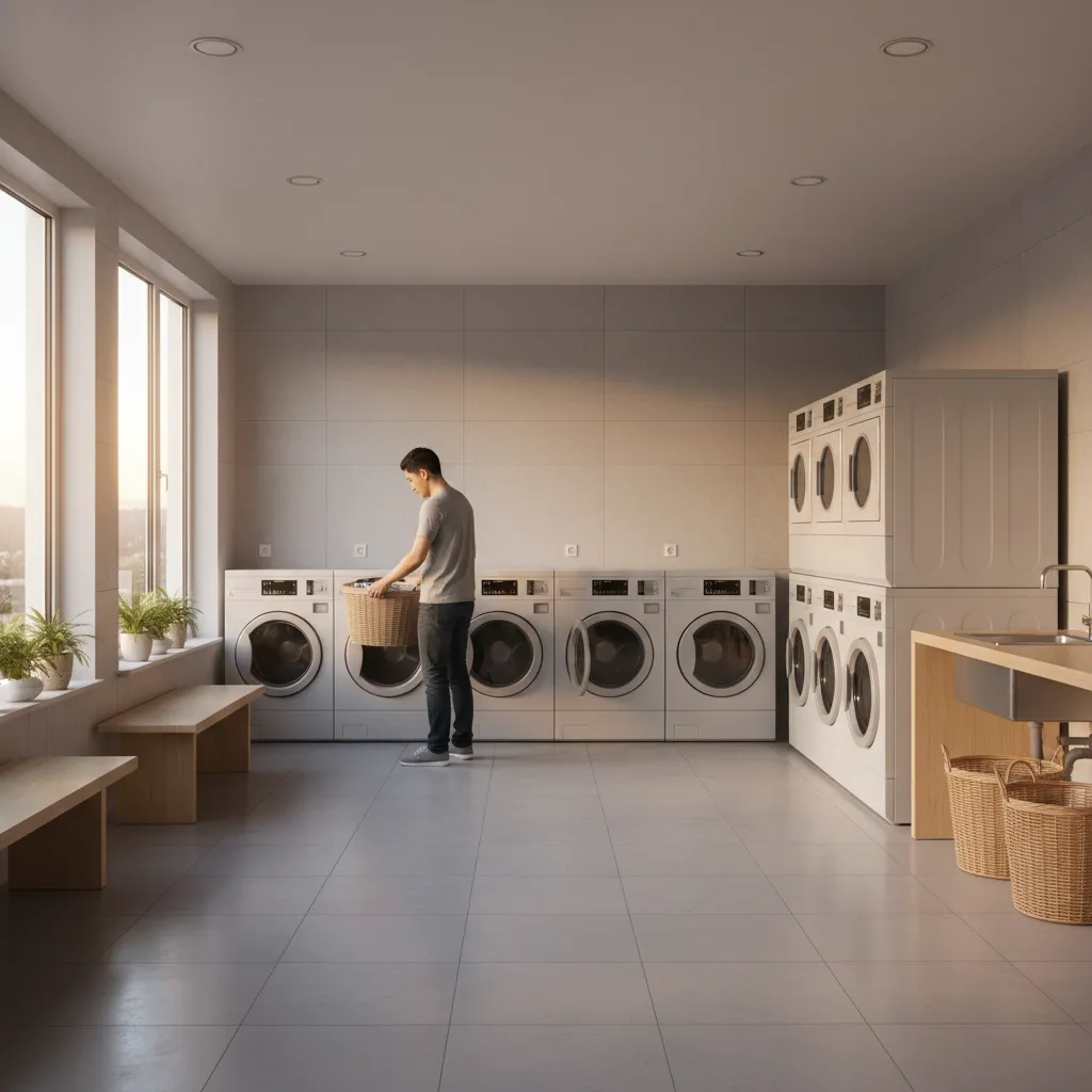 Quiet apartment laundry room with empty machines during low traffic hours