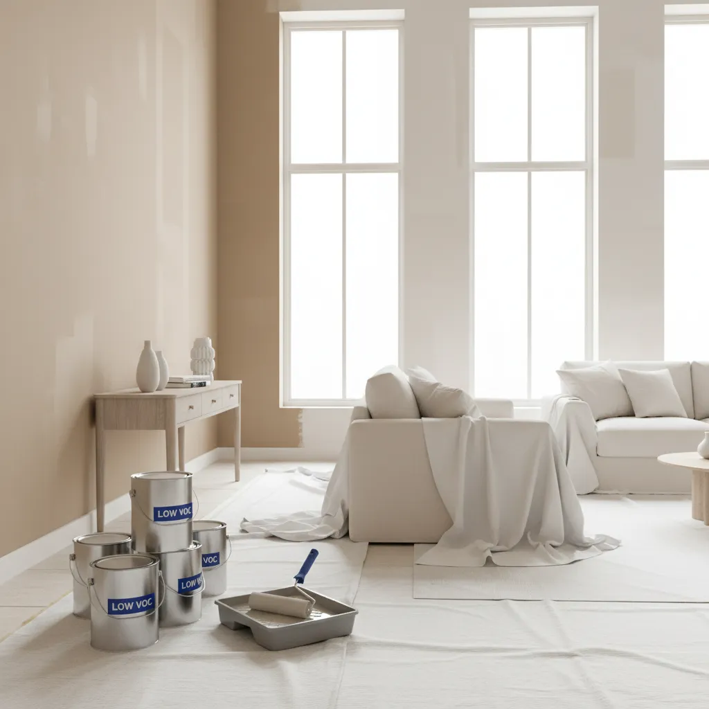 Modern interior with paint cans labeled low VOC during safe home painting