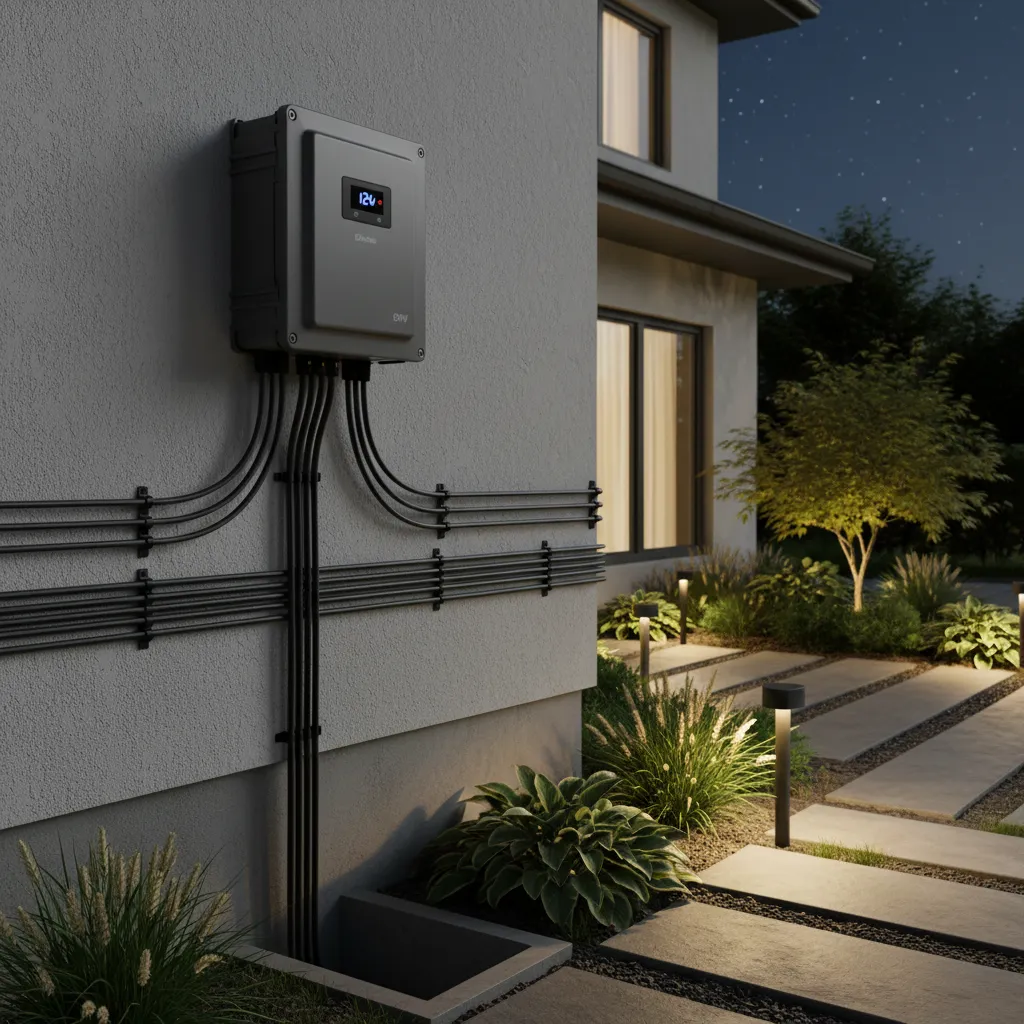 Low voltage landscape lighting transformer and wiring setup outdoors