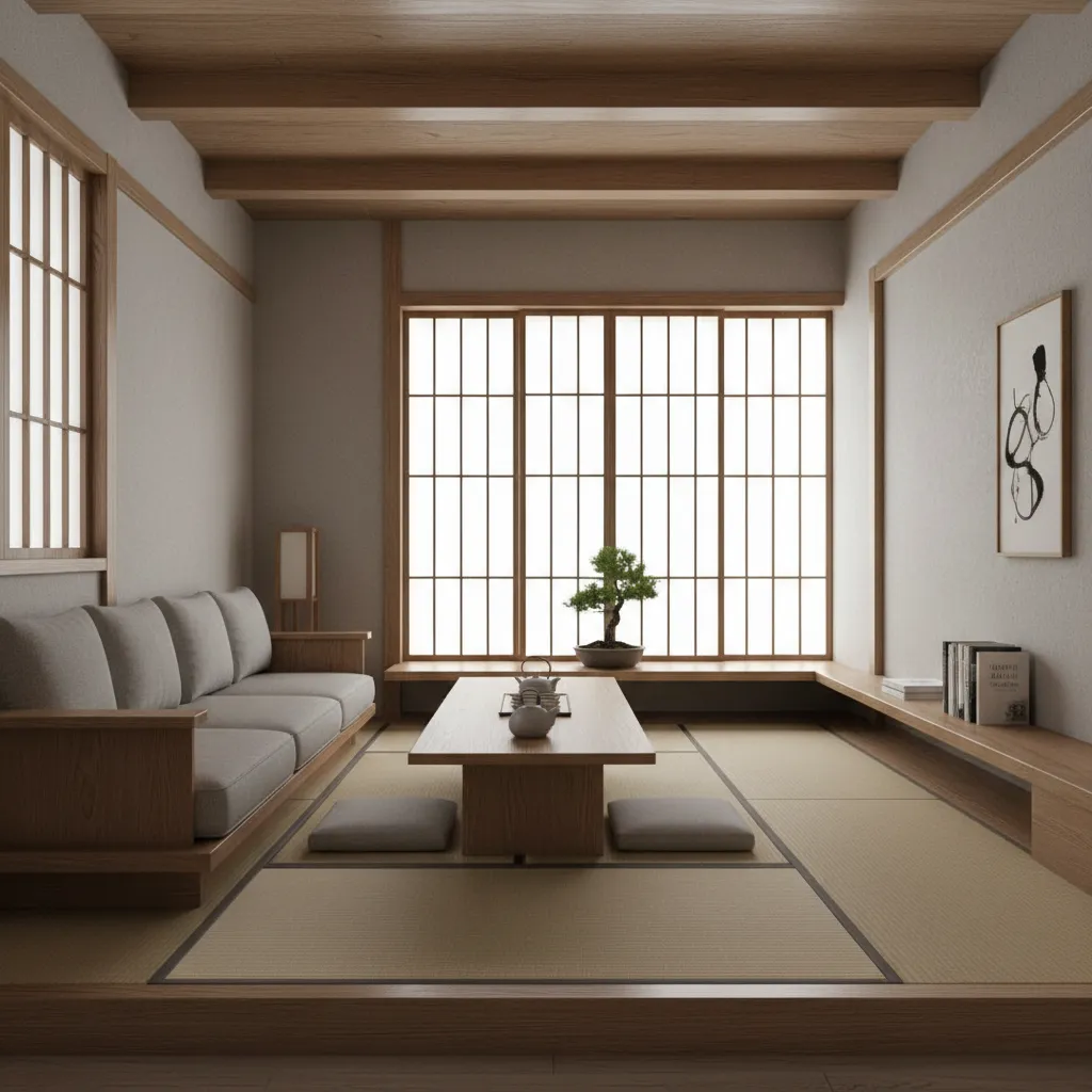 Modern Japanese living room with grey sofa wooden table tatami mats bonsai and large windows