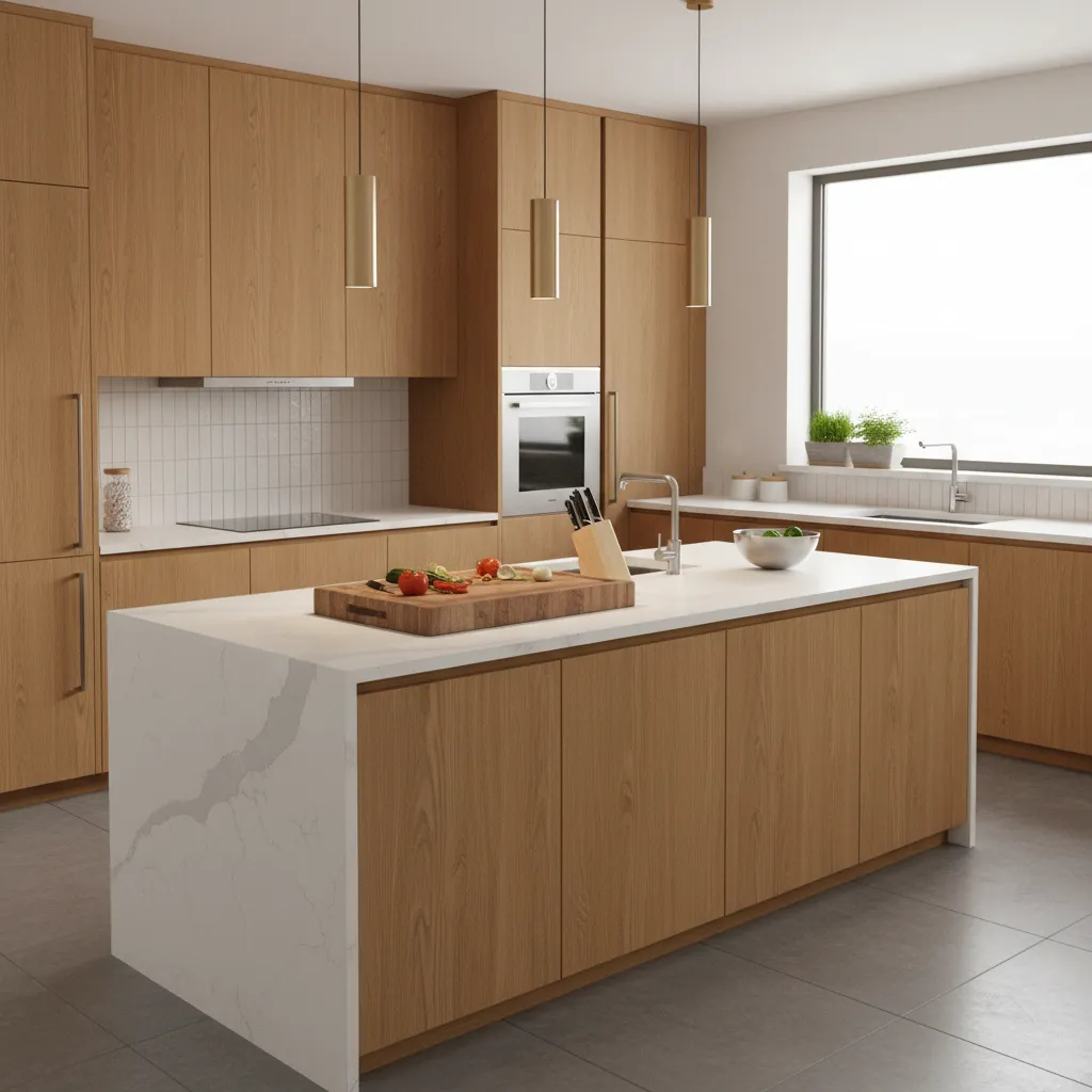 kitchen island with slightly lowered countertop designed for comfortable food prep