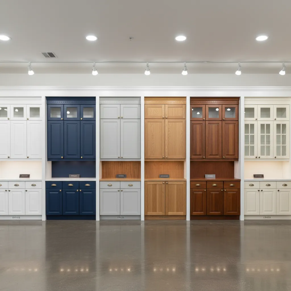 kitchen cabinet showroom display comparing multiple cabinet brands