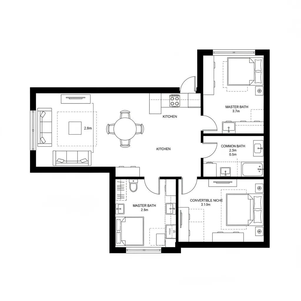 L shaped room layout showing open kitchen dining area living room three bedrooms and three bathrooms