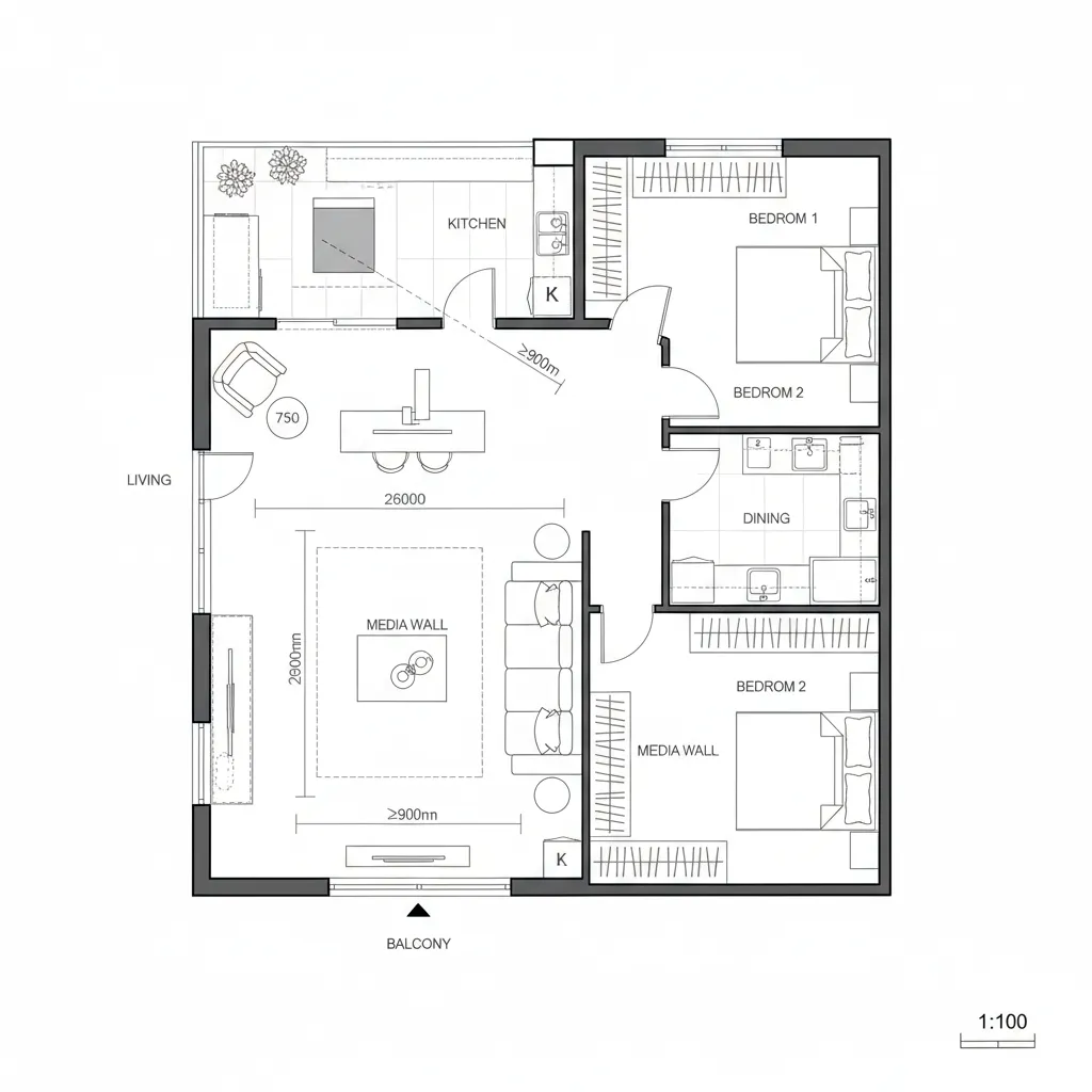 L-Shape Living + Balcony as Thermal Buffer