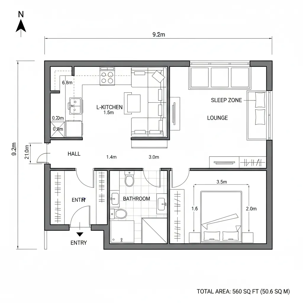 Top-down CAD plan of L-shaped social core with corner lounge and linear sleep zone