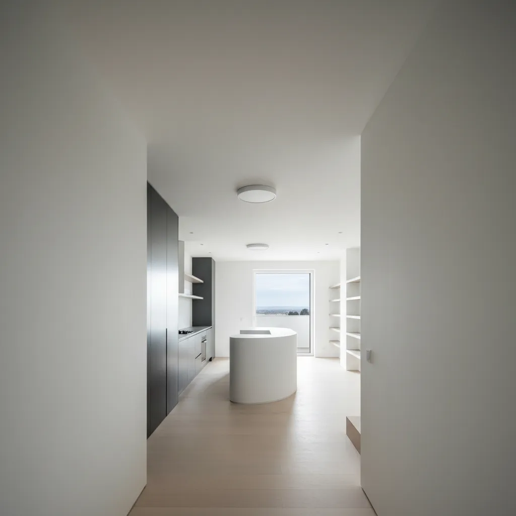 Modern minimalist kitchen with white walls, grey cabinets, a curved island, and a bright window