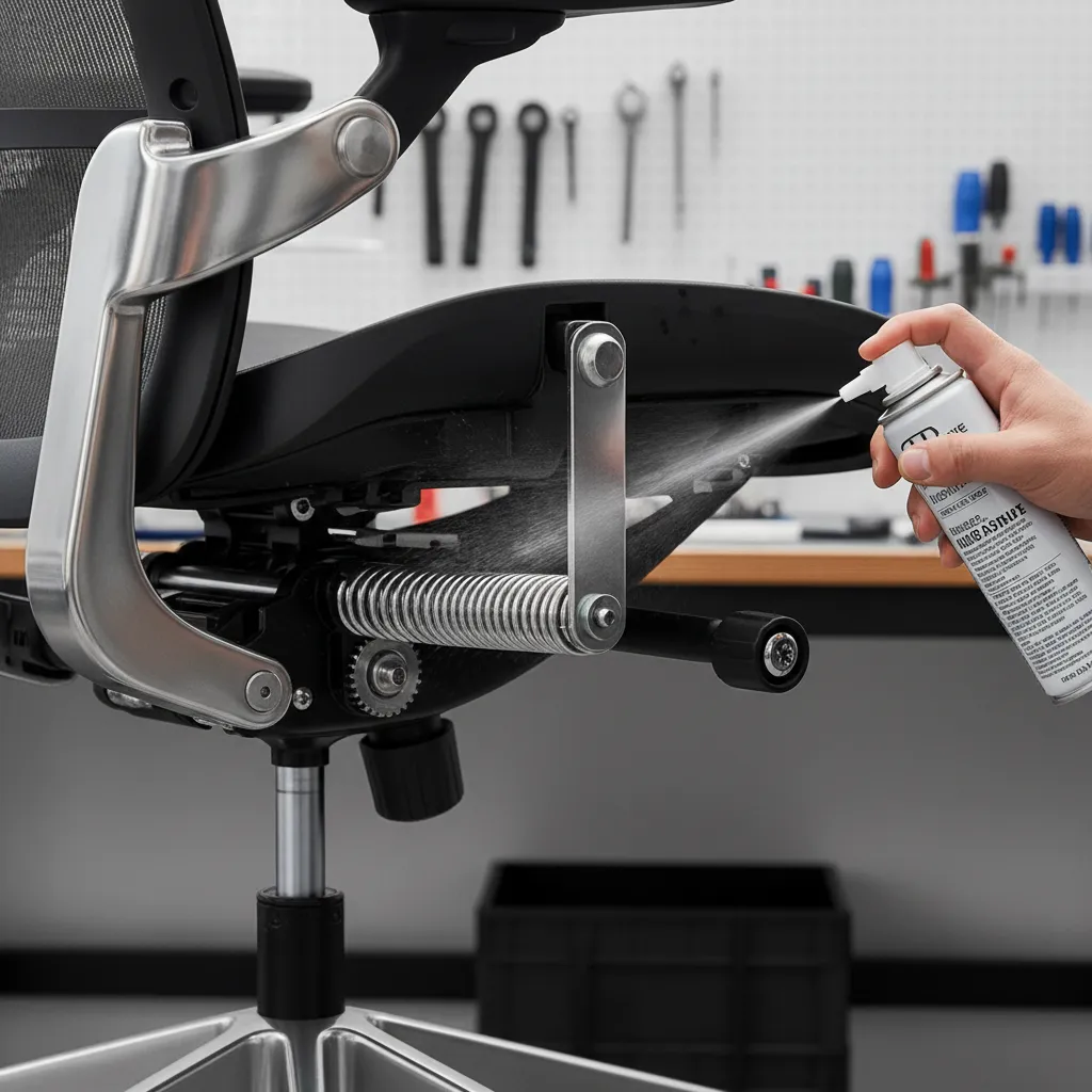 applying lubricant to ergonomic office chair tilt mechanism