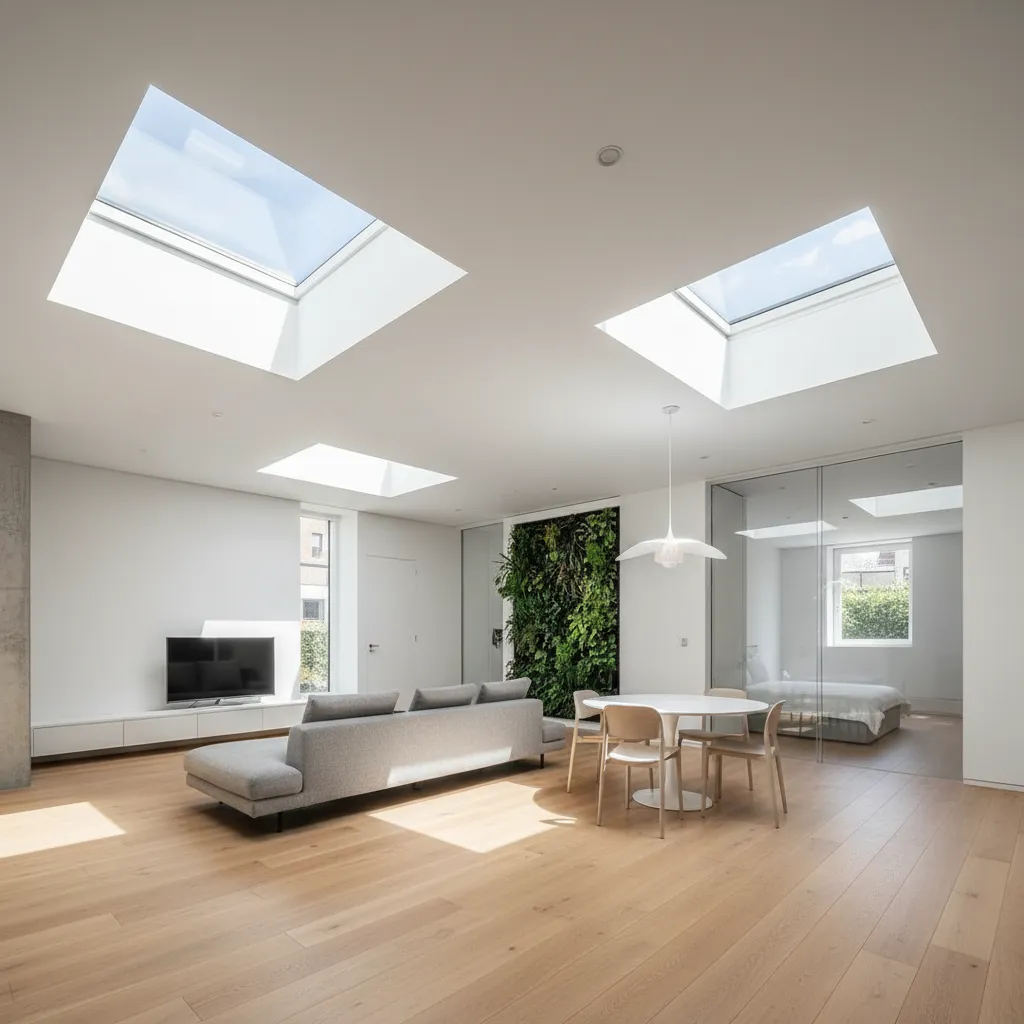 Lucernarios modernos iluminando interior de vivienda subterránea
