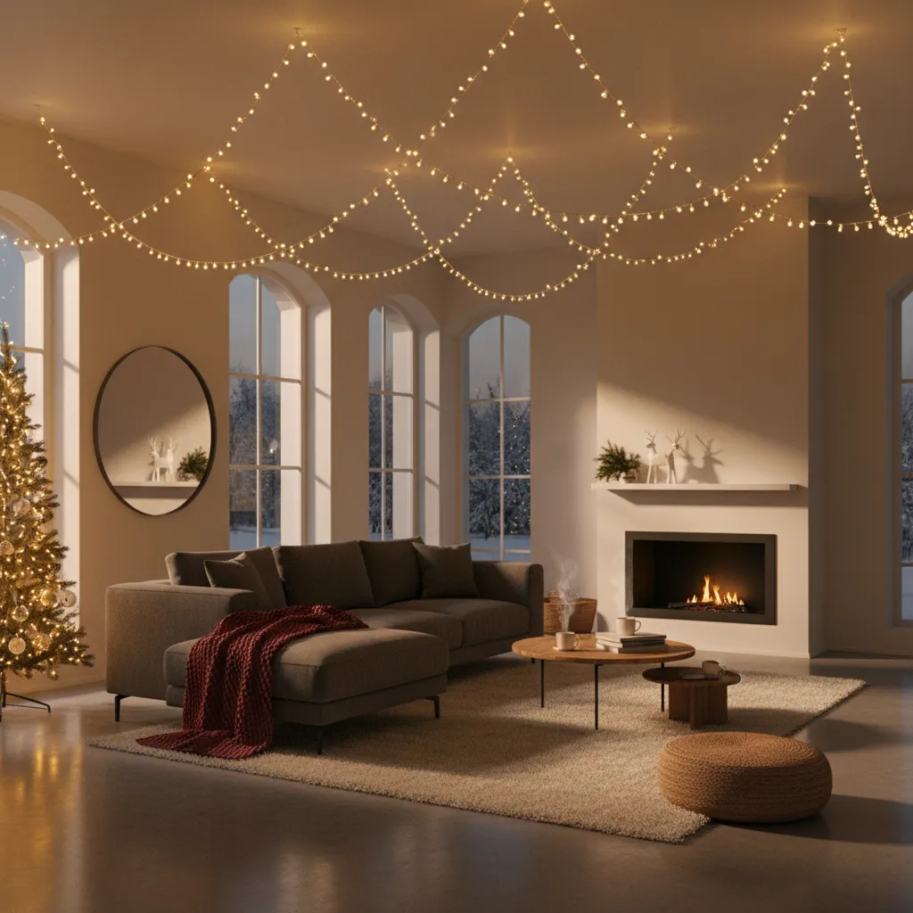 Luces navideñas colgantes desde el techo en un salón moderno