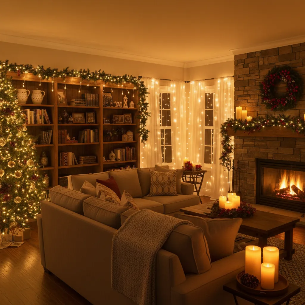 Guirnaldas luminosas y luces cálidas decorando un salón en Navidad