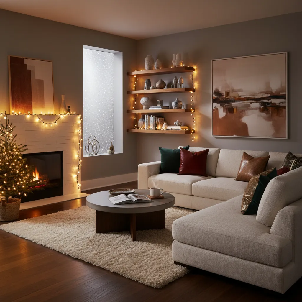 Guirnaldas de luces cálidas decorando un salón