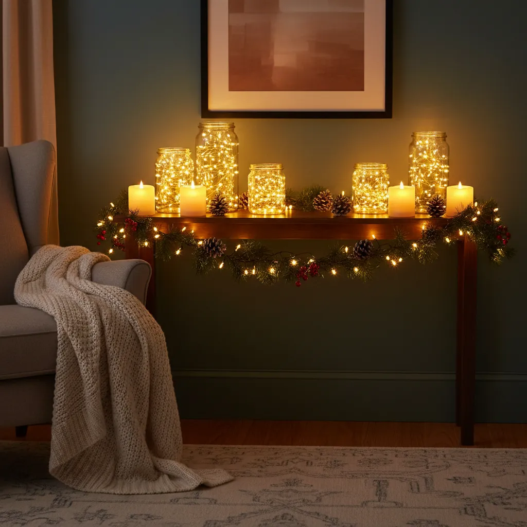 Iluminación navideña cálida en estantería y salón