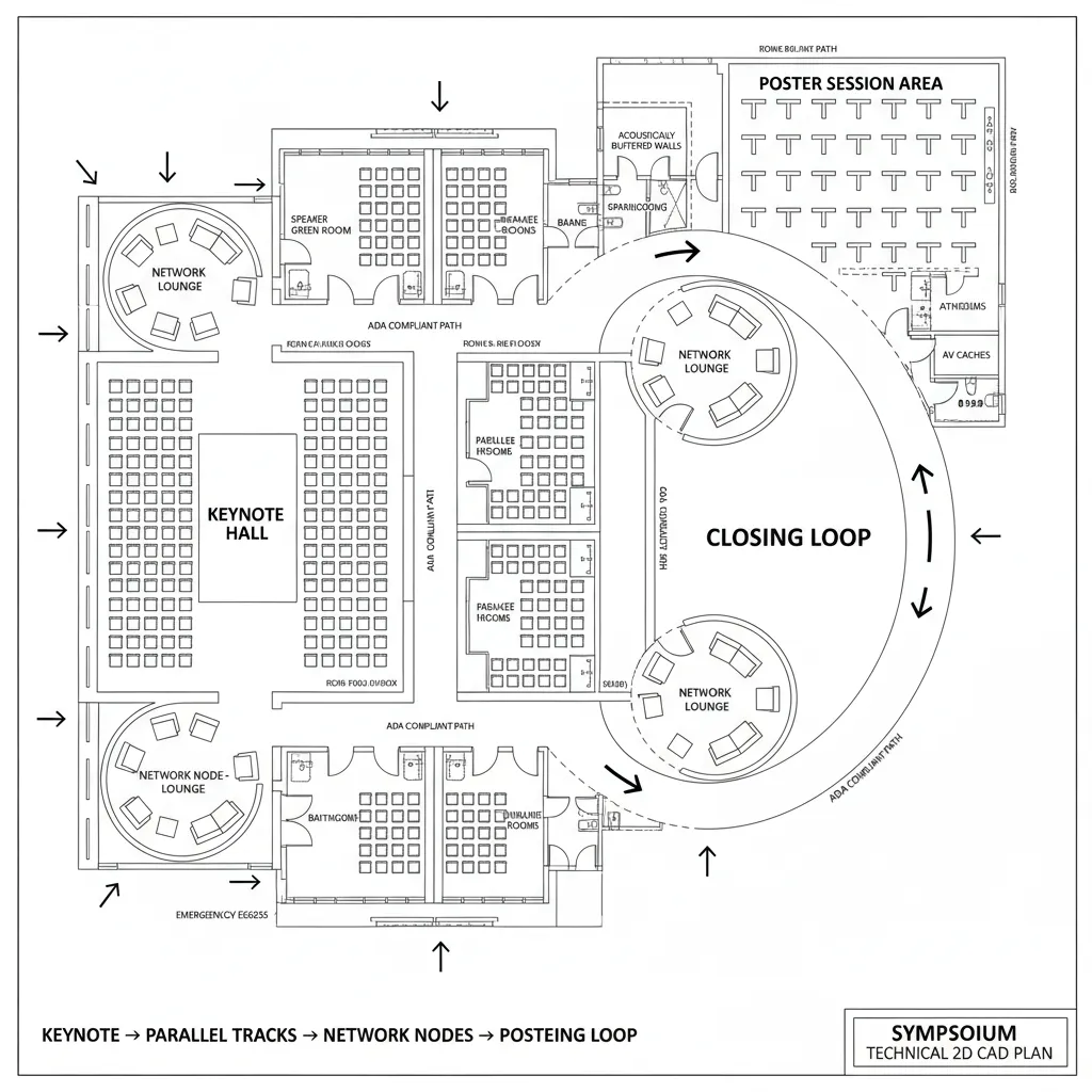 Symposium plan with keynote, parallel tracks, network nodes, and poster hall