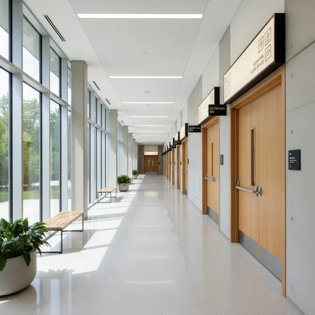 Bright hallway with large windows on left side and many wooden doors along the right