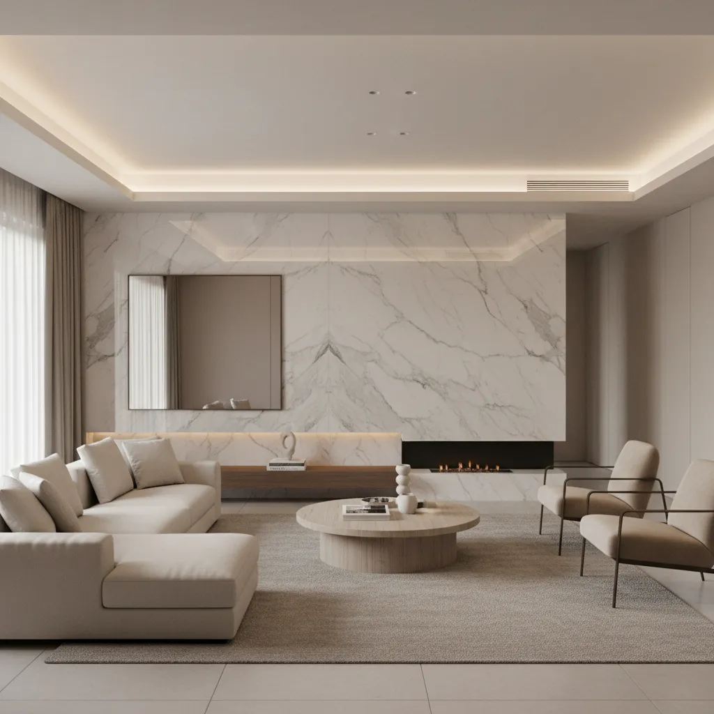 Interior elegante con piedra natural y muebles sofisticados estilo lujo silencioso