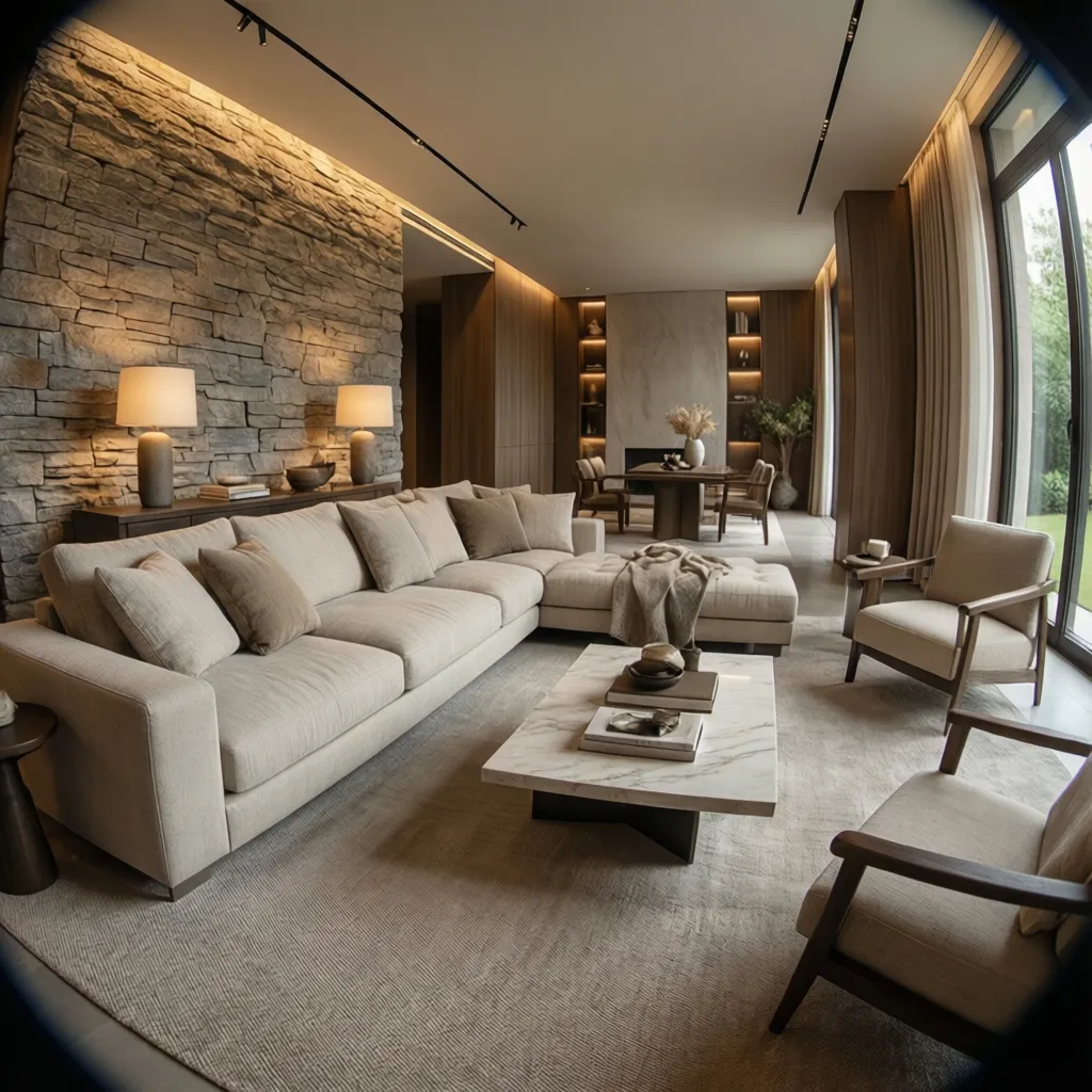 Interior elegante con materiales naturales y estilo lujo silencioso