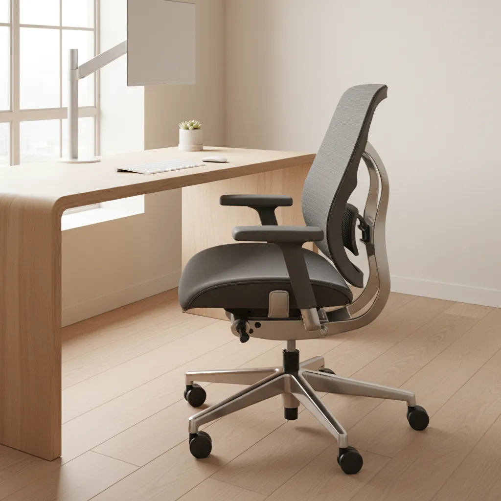 Ergonomic office chair with visible lumbar support in a home office