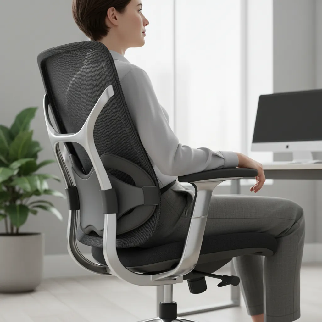 Close view of lumbar support adjustment on ergonomic office chair