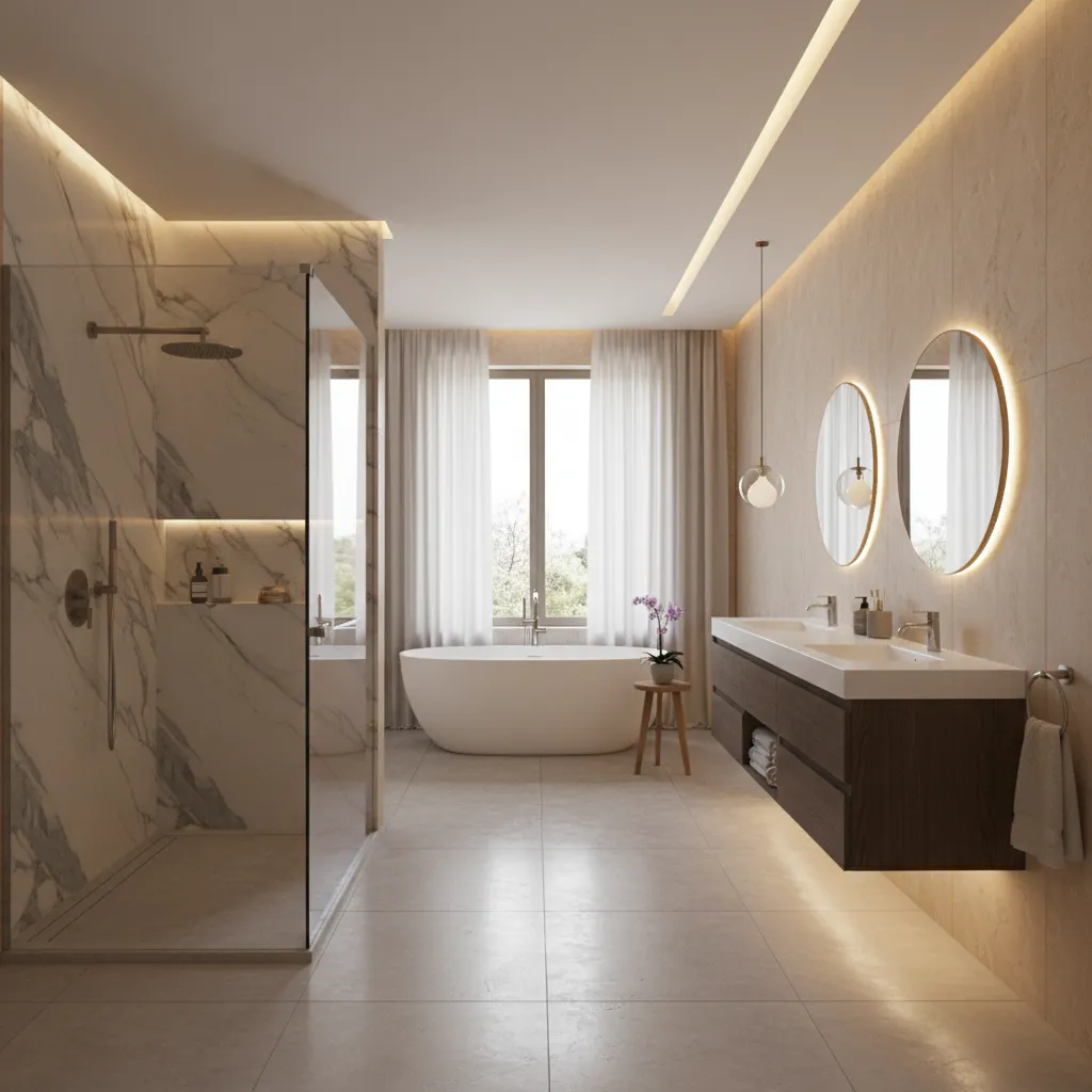 Luxury 9x14 master bathroom with floating vanity walk in shower and premium finishes