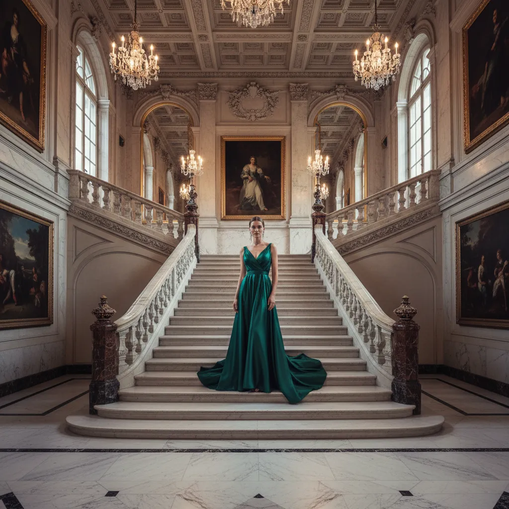 luxury fashion advertisement shot on grand marble staircase