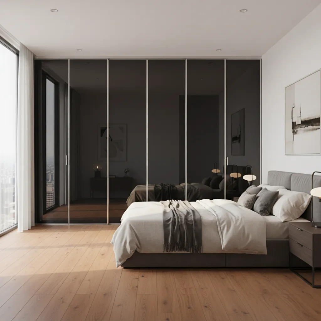 Luxury apartment bedroom featuring floor to ceiling black mirror closet doors