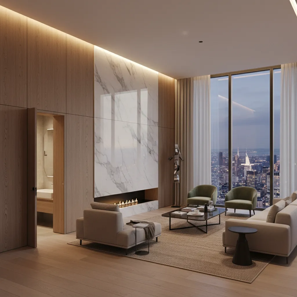 Luxury apartment wall panel system hiding a bathroom entrance