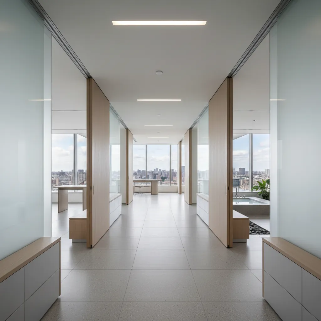 Modern bright hallway with light wood doors glass walls grey tiled floor and city views