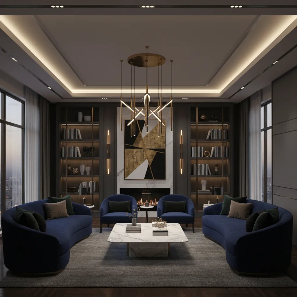 Luxury AU decor interior with marble surfaces velvet sofa and dramatic lighting