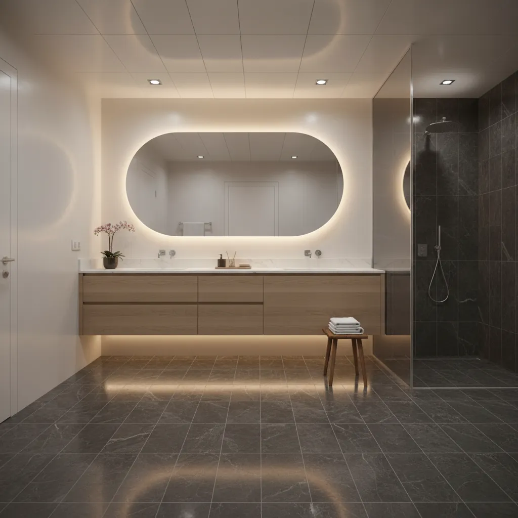 High end bathroom with dark grey flooring and warm balanced lighting design