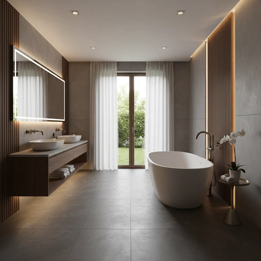 Luxury bathroom with matte dark grey stone floor and soft lighting