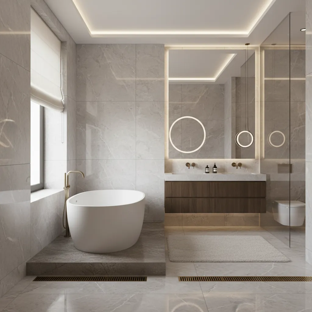 luxury bathroom with floor to ceiling marble tiles and freestanding tub