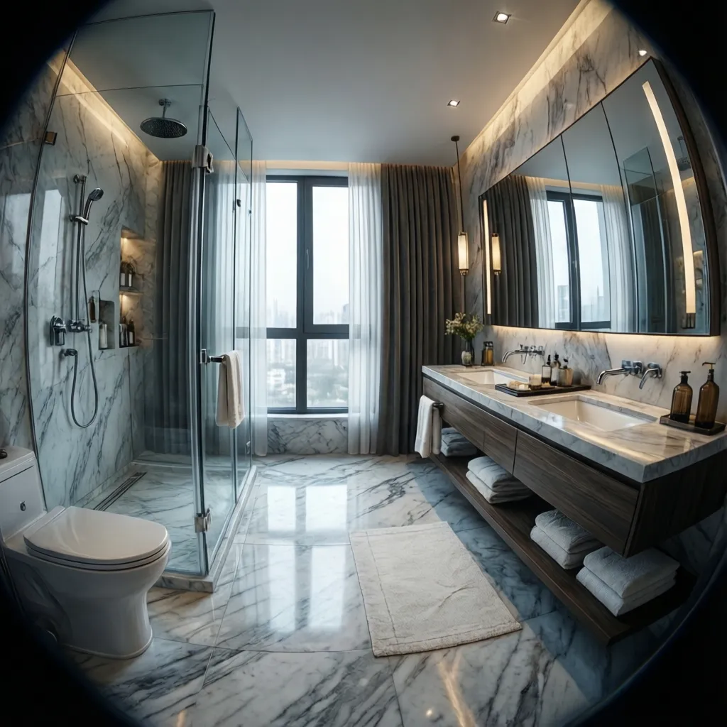 Luxury marble bathroom with double sink cabinet, large mirror, glass shower, toilet, and city view
