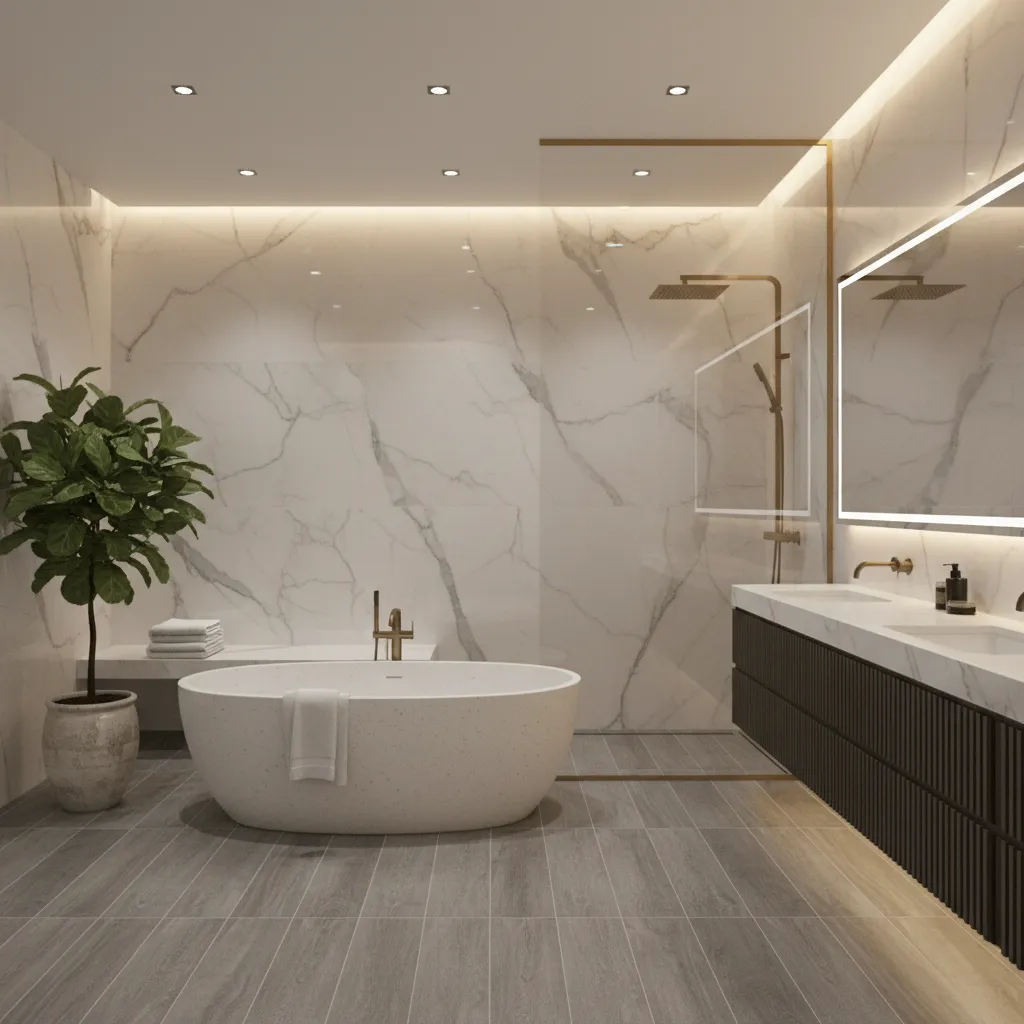 luxury bathroom remodel with freestanding tub marble tile and large walk in shower